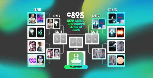 Promotional image for C895's New Music Showdown of 2023, featuring a colorful abstract background with a schedule of dates from December 15 to December 19, and various album covers to represent competing music tracks or albums.