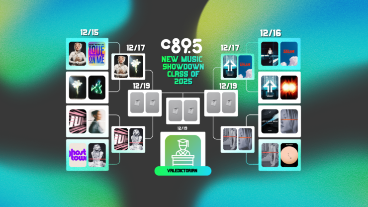 Promotional image for C895's New Music Showdown of 2023, featuring a colorful abstract background with a schedule of dates from December 15 to December 19, and various album covers to represent competing music tracks or albums.