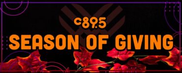 Promotional banner for C89.5's "Season of Giving" event, featuring orange leaves against a dark background with geometric designs.