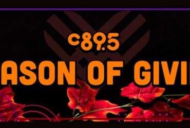 Promotional banner for C89.5's "Season of Giving" event, featuring orange leaves against a dark background with geometric designs.