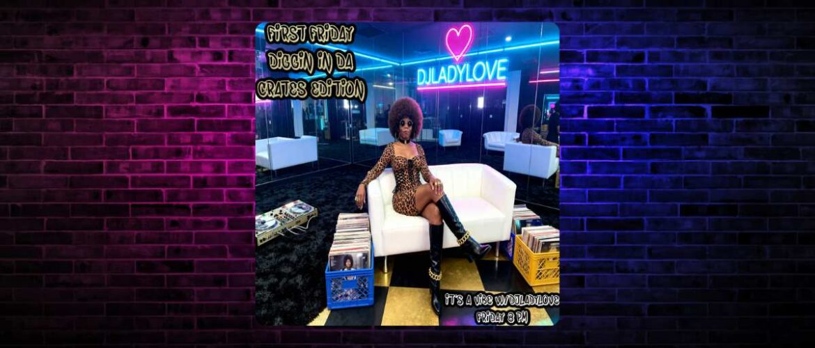 A promotional image for a DJ set at "Ladylove" nightclub, featuring a DJ seated on a white couch surrounded by vinyl records, set against a vibrant blue-lit interior with retro-themed neon signs.