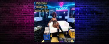 A promotional image for a DJ set at "Ladylove" nightclub, featuring a DJ seated on a white couch surrounded by vinyl records, set against a vibrant blue-lit interior with retro-themed neon signs.