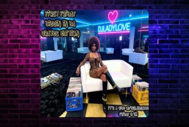 A promotional image for a DJ set at "Ladylove" nightclub, featuring a DJ seated on a white couch surrounded by vinyl records, set against a vibrant blue-lit interior with retro-themed neon signs.