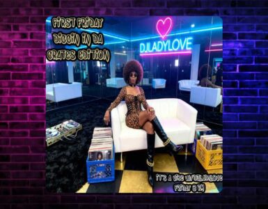 A promotional image for a DJ set at "Ladylove" nightclub, featuring a DJ seated on a white couch surrounded by vinyl records, set against a vibrant blue-lit interior with retro-themed neon signs.