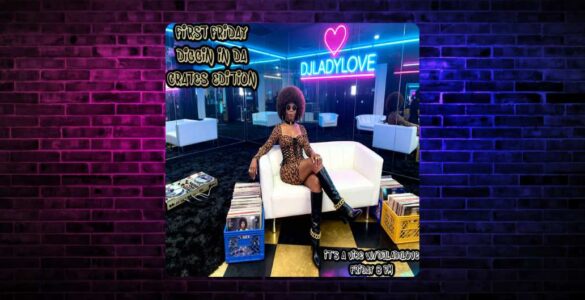 A promotional image for a DJ set at "Ladylove" nightclub, featuring a DJ seated on a white couch surrounded by vinyl records, set against a vibrant blue-lit interior with retro-themed neon signs.