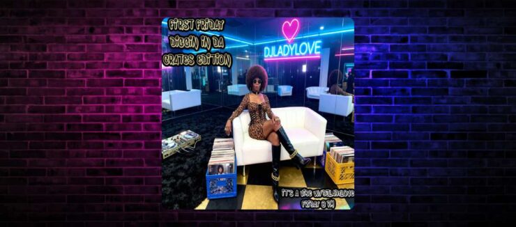 A promotional image for a DJ set at "Ladylove" nightclub, featuring a DJ seated on a white couch surrounded by vinyl records, set against a vibrant blue-lit interior with retro-themed neon signs.