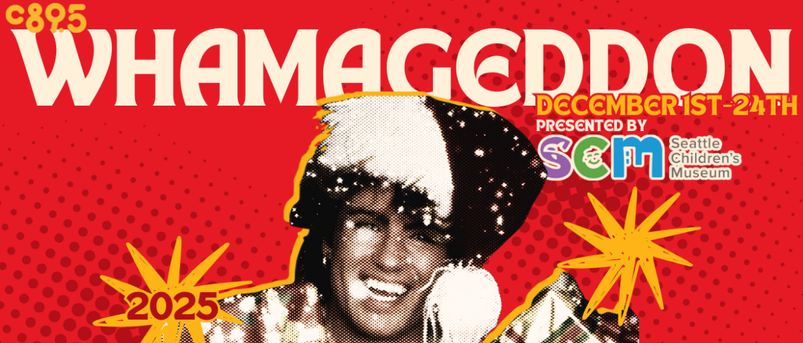 Promotional banner for Whamageddon, featuring a joyful person with a wide smile, set against a red and yellow dotted background with starbursts and the dates December 1st-24th displayed prominently.