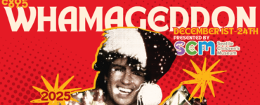 Promotional banner for Whamageddon, featuring a joyful person with a wide smile, set against a red and yellow dotted background with starbursts and the dates December 1st-24th displayed prominently.