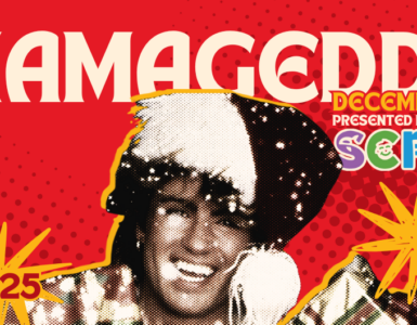 Promotional banner for Whamageddon, featuring a joyful person with a wide smile, set against a red and yellow dotted background with starbursts and the dates December 1st-24th displayed prominently.