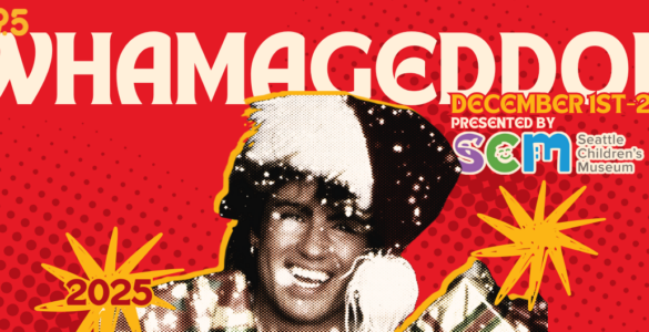 Promotional banner for Whamageddon, featuring a joyful person with a wide smile, set against a red and yellow dotted background with starbursts and the dates December 1st-24th displayed prominently.