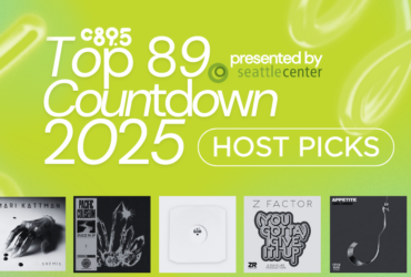 Graphic for C89.5's Top 89 Countdown 2025 featuring various album covers and presented by Seattle Center with the subtitle 'Host Picks' on a green abstract background.