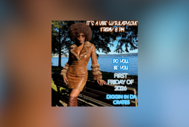 Promotional image featuring a person in a stylish brown leather jacket and large afro hairstyle sitting on a park bench with a waterfront view. Text advertises an event called 'It's a Vibe with DJ Lady Love' at Diggin In Da Crates, Friday 8 PM, First Friday of 2026.
