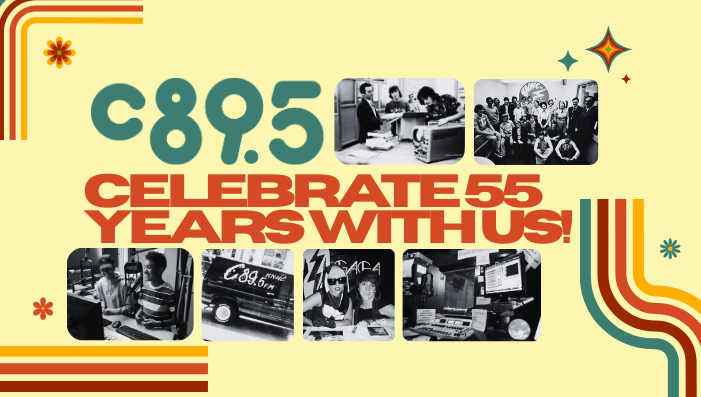 A retro themed header with the c895 logo and images from the station over the years.