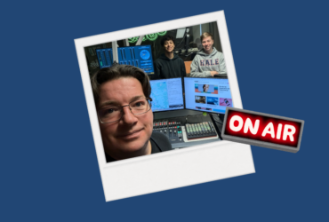 A polaroid photo of Drew Bailey and two students on air in the c895 studios