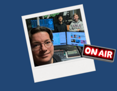 A polaroid photo of Drew Bailey and two students on air in the c895 studios