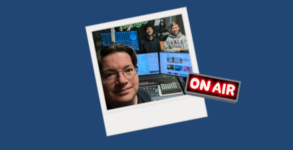 A polaroid photo of Drew Bailey and two students on air in the c895 studios