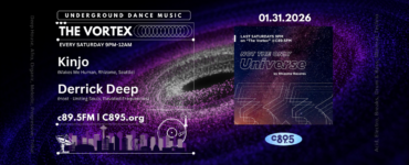 A promotional image for an underground dance music event called "The Vortex." It occurs every Saturday from 9 PM to 12 AM on c89.5FM. Featured artists are Kinjo and Derrick Deep. The background has a swirling, dark cosmic design, and the date 01.31.2026 is prominent. The image also mentions an album "Not the Only Universe" by Rhizome Records.