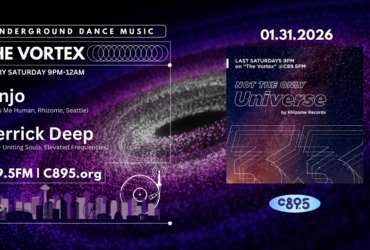 A promotional image for an underground dance music event called "The Vortex." It occurs every Saturday from 9 PM to 12 AM on c89.5FM. Featured artists are Kinjo and Derrick Deep. The background has a swirling, dark cosmic design, and the date 01.31.2026 is prominent. The image also mentions an album "Not the Only Universe" by Rhizome Records.