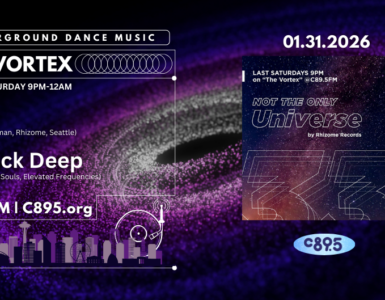 A promotional image for an underground dance music event called "The Vortex." It occurs every Saturday from 9 PM to 12 AM on c89.5FM. Featured artists are Kinjo and Derrick Deep. The background has a swirling, dark cosmic design, and the date 01.31.2026 is prominent. The image also mentions an album "Not the Only Universe" by Rhizome Records.