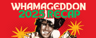 Promotional banner for Whamageddon, featuring a joyful person with a wide smile, set against a red and yellow dotted background with starbursts and the dates December 1st-24th displayed prominently.