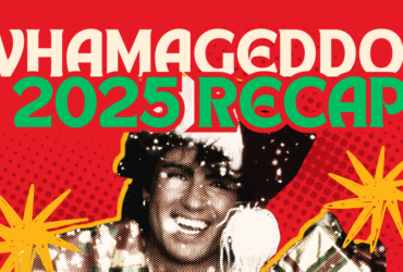 Promotional banner for Whamageddon, featuring a joyful person with a wide smile, set against a red and yellow dotted background with starbursts and the dates December 1st-24th displayed prominently.