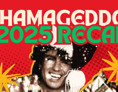 Promotional banner for Whamageddon, featuring a joyful person with a wide smile, set against a red and yellow dotted background with starbursts and the dates December 1st-24th displayed prominently.