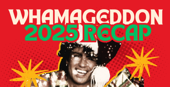 Promotional banner for Whamageddon, featuring a joyful person with a wide smile, set against a red and yellow dotted background with starbursts and the dates December 1st-24th displayed prominently.