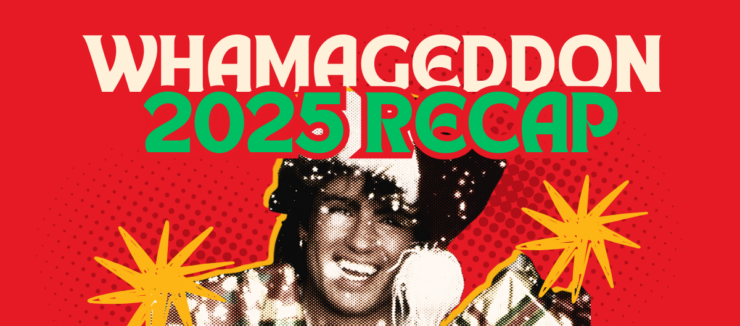 Promotional banner for Whamageddon, featuring a joyful person with a wide smile, set against a red and yellow dotted background with starbursts and the dates December 1st-24th displayed prominently.