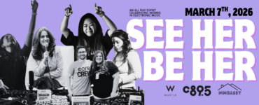 Images of female DJs playng and also talking into microphones