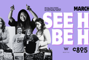 Images of female DJs playng and also talking into microphones