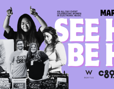 Images of female DJs playng and also talking into microphones