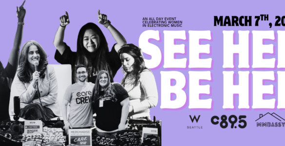 Images of female DJs playng and also talking into microphones