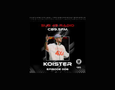 Promotional banner for Sub 49 Radio C89.5FM featuring Koister wearing a baseball cap and sunglasses, celebrating a 4x STUSSY champion achievement. Episode 009 is highlighted.