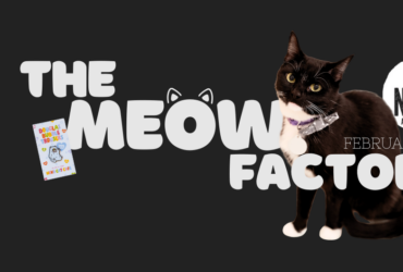 The image features a black and white cat standing next to the text "The Meow Factor" in large, playful letters. The background is dark, and on the right, there's a circular logo with the words "Neko: A Cat Cafe" and an illustrated cat face.