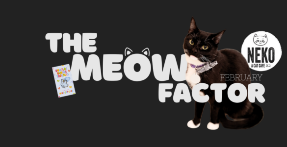 The image features a black and white cat standing next to the text "The Meow Factor" in large, playful letters. The background is dark, and on the right, there's a circular logo with the words "Neko: A Cat Cafe" and an illustrated cat face.