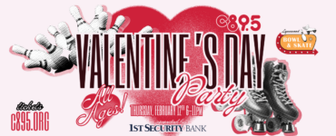 Promotional banner for a Valentine's Day party at Lynnwood Bowl & Skate, featuring a heart, roller skates, and the text 'All Ages' for an event on February 14th sponsored by 1st Security Bank and C89.5.