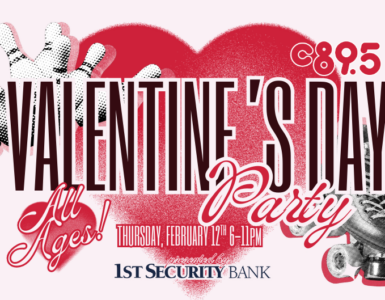 Promotional banner for a Valentine's Day party at Lynnwood Bowl & Skate, featuring a heart, roller skates, and the text 'All Ages' for an event on February 14th sponsored by 1st Security Bank and C89.5.