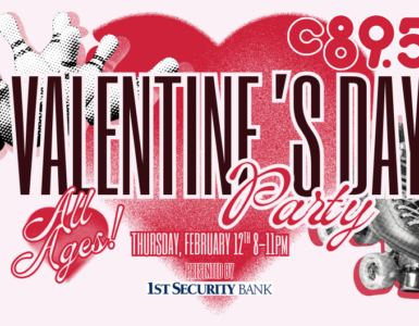 Promotional banner for a Valentine's Day party at Lynnwood Bowl & Skate, featuring a heart, roller skates, and the text 'All Ages' for an event on February 14th sponsored by 1st Security Bank and C89.5.