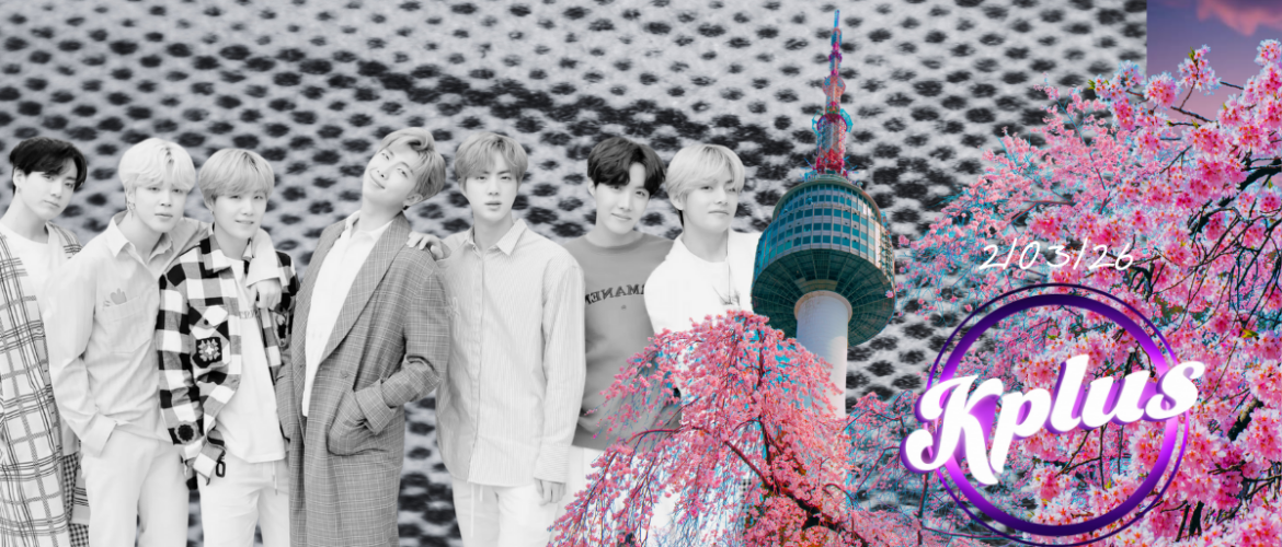 A group of people stand together with Namsan Tower in the background, surrounded by pink cherry blossoms. The text "Kplus" and "210325" is visible on the right side. The background features a pattern resembling a macro view of fabric.