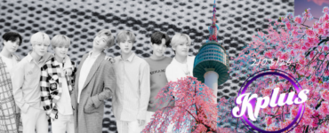A group of people stand together with Namsan Tower in the background, surrounded by pink cherry blossoms. The text "Kplus" and "210325" is visible on the right side. The background features a pattern resembling a macro view of fabric.