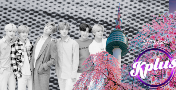 A group of people stand together with Namsan Tower in the background, surrounded by pink cherry blossoms. The text "Kplus" and "210325" is visible on the right side. The background features a pattern resembling a macro view of fabric.