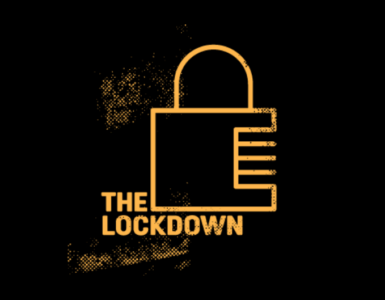 A stylized illustration of an orange padlock on a black background with the text "THE LOCKDOWN" next to it. The design includes a textured effect on the lock and text.