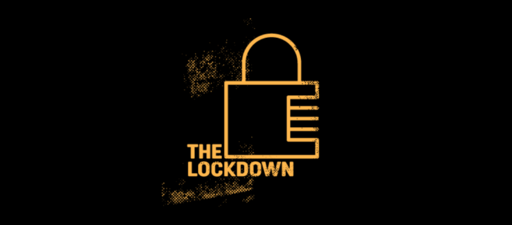 A stylized illustration of an orange padlock on a black background with the text "THE LOCKDOWN" next to it. The design includes a textured effect on the lock and text.