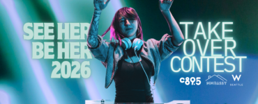 A female DJ with her hands in the air and the words "See her Be her 2026 Take Over Contest"