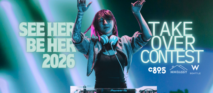 A female DJ with her hands in the air and the words "See her Be her 2026 Take Over Contest"