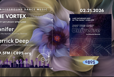 Poster for "The Vortex" event on C89.5 FM, featuring artists Konifer and Derrick Deep. The event occurs every Saturday from 9 PM to 12 AM. The design includes a colorful, abstract background with a floral motif and information about the radio station. Event date: February 21, 2026, with additional text "Not the Only Universe" and "by Wroomo Records."