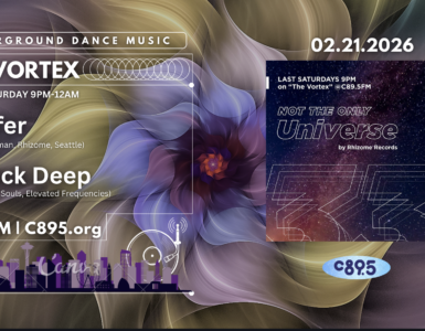 Poster for "The Vortex" event on C89.5 FM, featuring artists Konifer and Derrick Deep. The event occurs every Saturday from 9 PM to 12 AM. The design includes a colorful, abstract background with a floral motif and information about the radio station. Event date: February 21, 2026, with additional text "Not the Only Universe" and "by Wroomo Records."