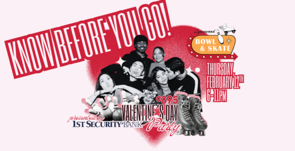 An image with happy people smiling and the words "know before you go c895s Valentines Day Party"