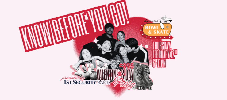 An image with happy people smiling and the words "know before you go c895s Valentines Day Party"