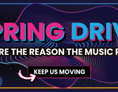 Colorful graphic with the text "Spring Drive" in bold letters. Below, it reads "You're the reason the music plays." A button labeled "Keep Us Moving" is highlighted with an arrow. The background features abstract shapes and vibrant colors.